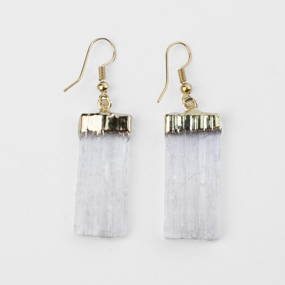 Selenite White Earrings Gold Tone Dipped Crystal Women Healing Gemstone Jewelry - Picture 2 of 10